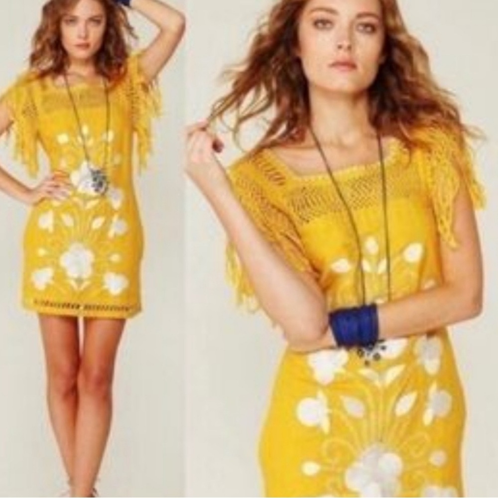 Free People Yellow Crochet Fringe Mini Dress with White Floral Motif